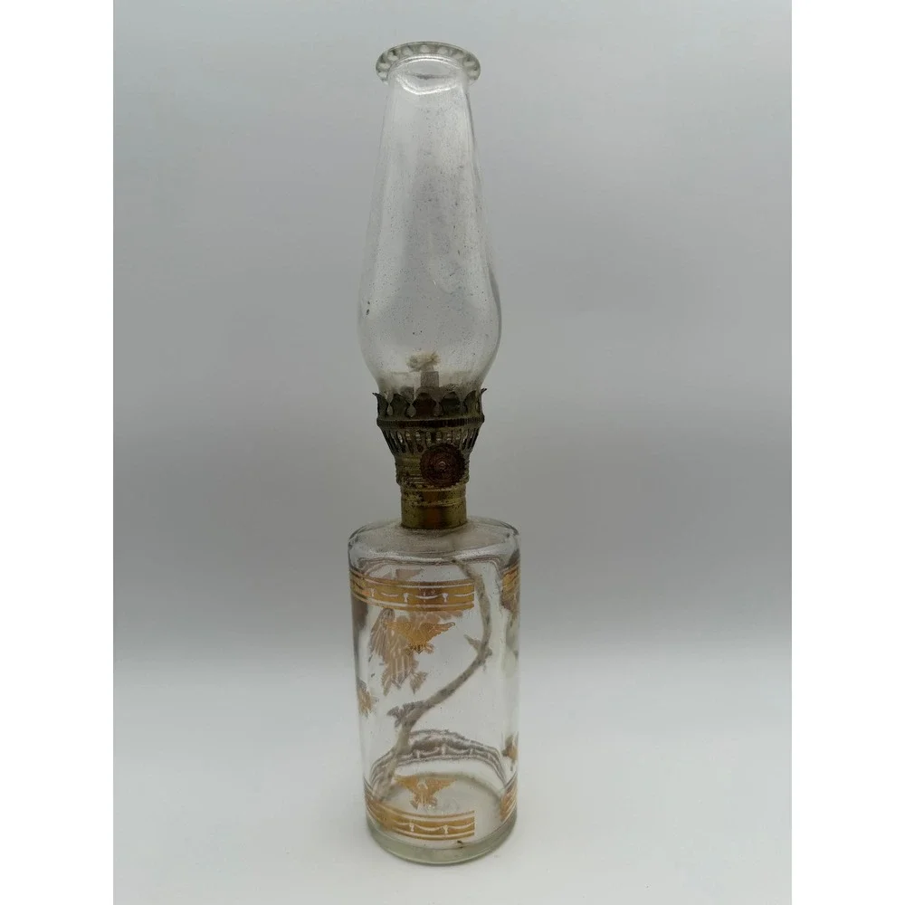 Vintage Miniature Glass Oil Lamp Gold American Eagle Federal Style HJ Logo